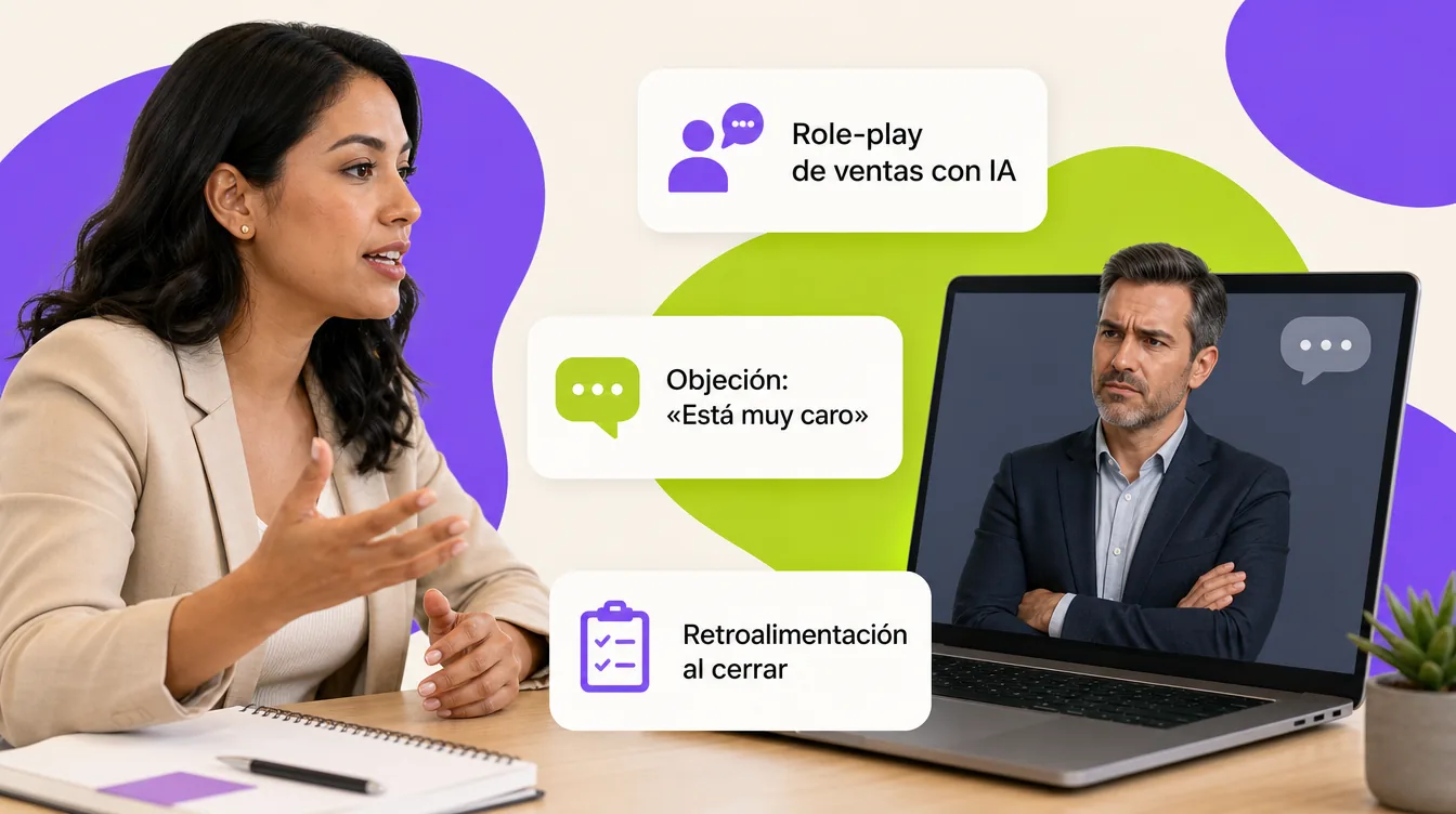 Vendedora practicando con un comprador virtual escéptico con avatar en la laptop; tarjetas: role-play de ventas con IA, objeción está muy caro, retroalimentación