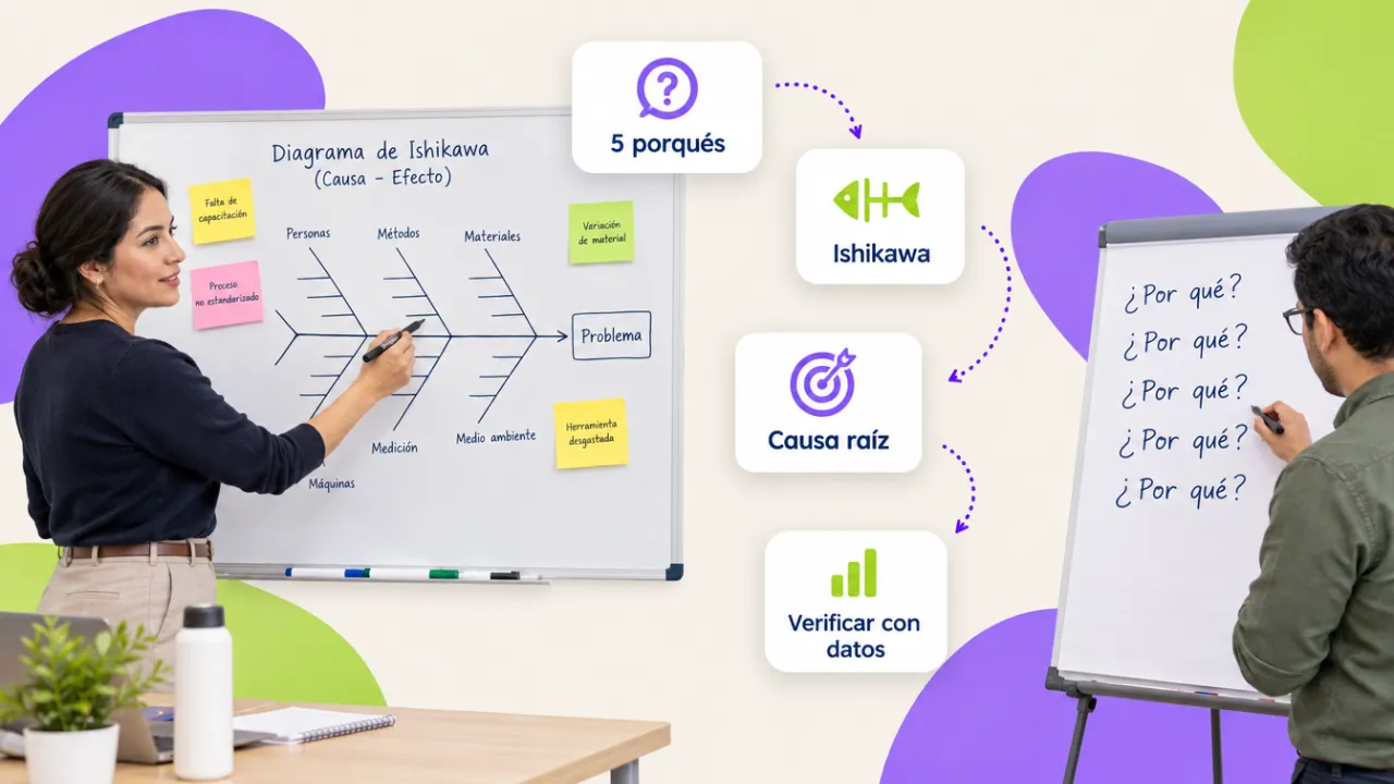 Ingeniera de calidad dibujando un diagrama de Ishikawa en un pizarrón mientras un compañero escribe cinco porqués en un rotafolio