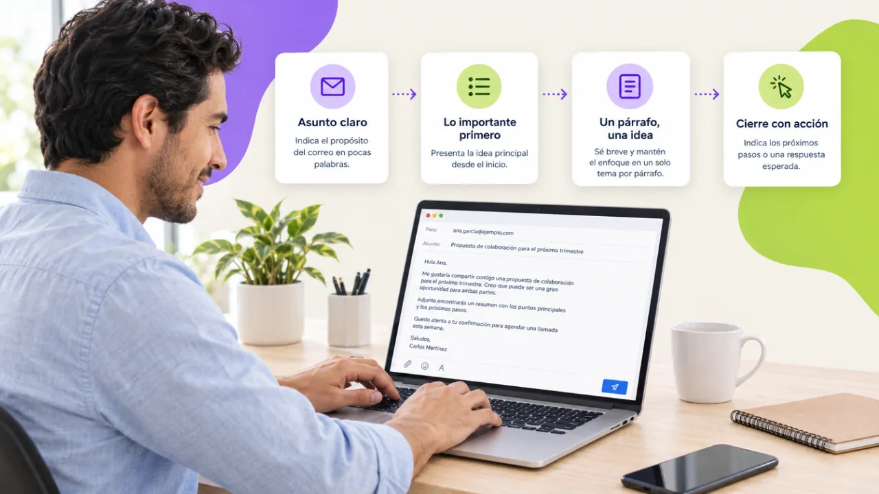 Pantalla con un correo profesional bien estructurado: asunto claro, primera línea con la petición y cierre con fecha