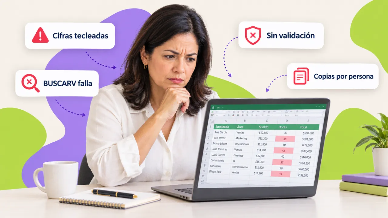 Hoja de Excel compartida con celdas marcadas en rojo por cifras tecleadas, espacios de más y categorías duplicadas