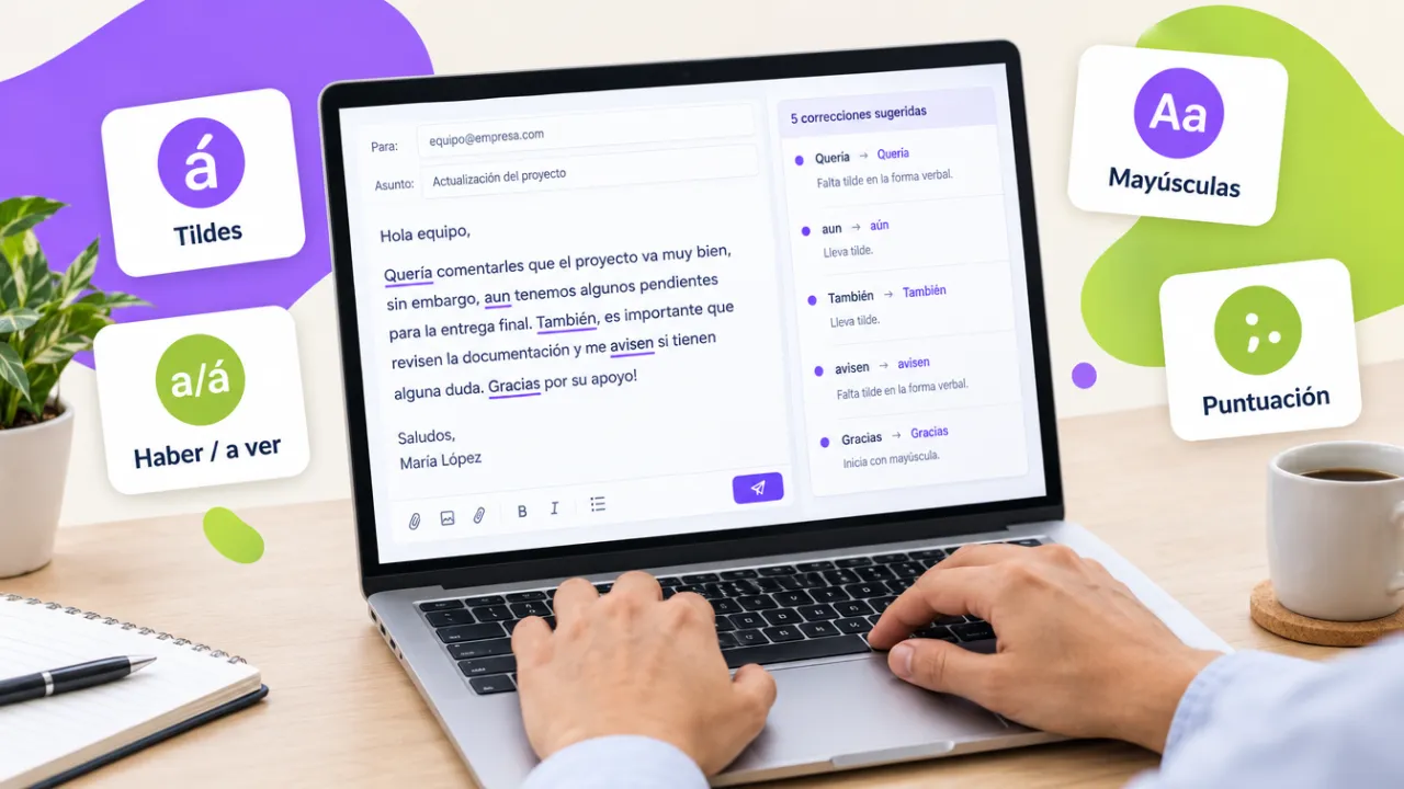 Correo profesional en pantalla con cinco palabras subrayadas en violeta y sus correcciones en un panel lateral