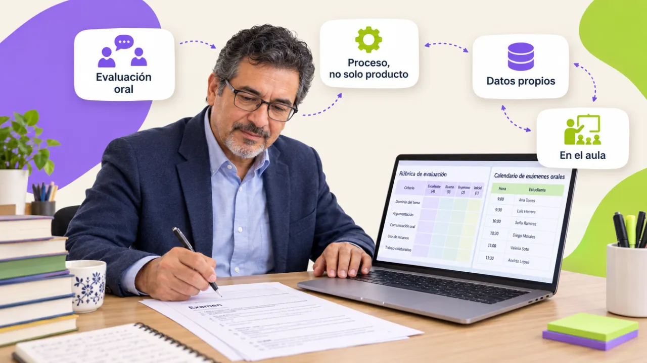 Profesor universitario diseñando una evaluación con rúbrica y calendario de exposiciones orales en su escritorio