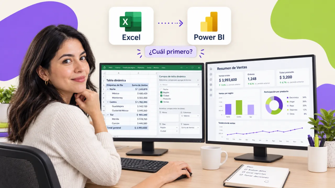 Analista comparando en dos pantallas una hoja de Excel con tablas dinámicas y un tablero de Power BI publicado
