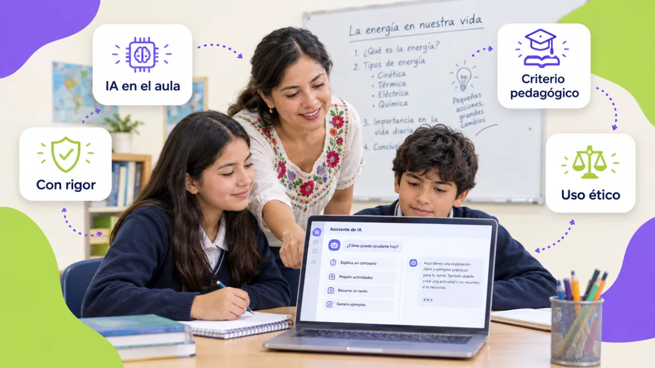 Docente en el aula guiando a dos estudiantes que revisan con criterio una respuesta generada por inteligencia artificial
