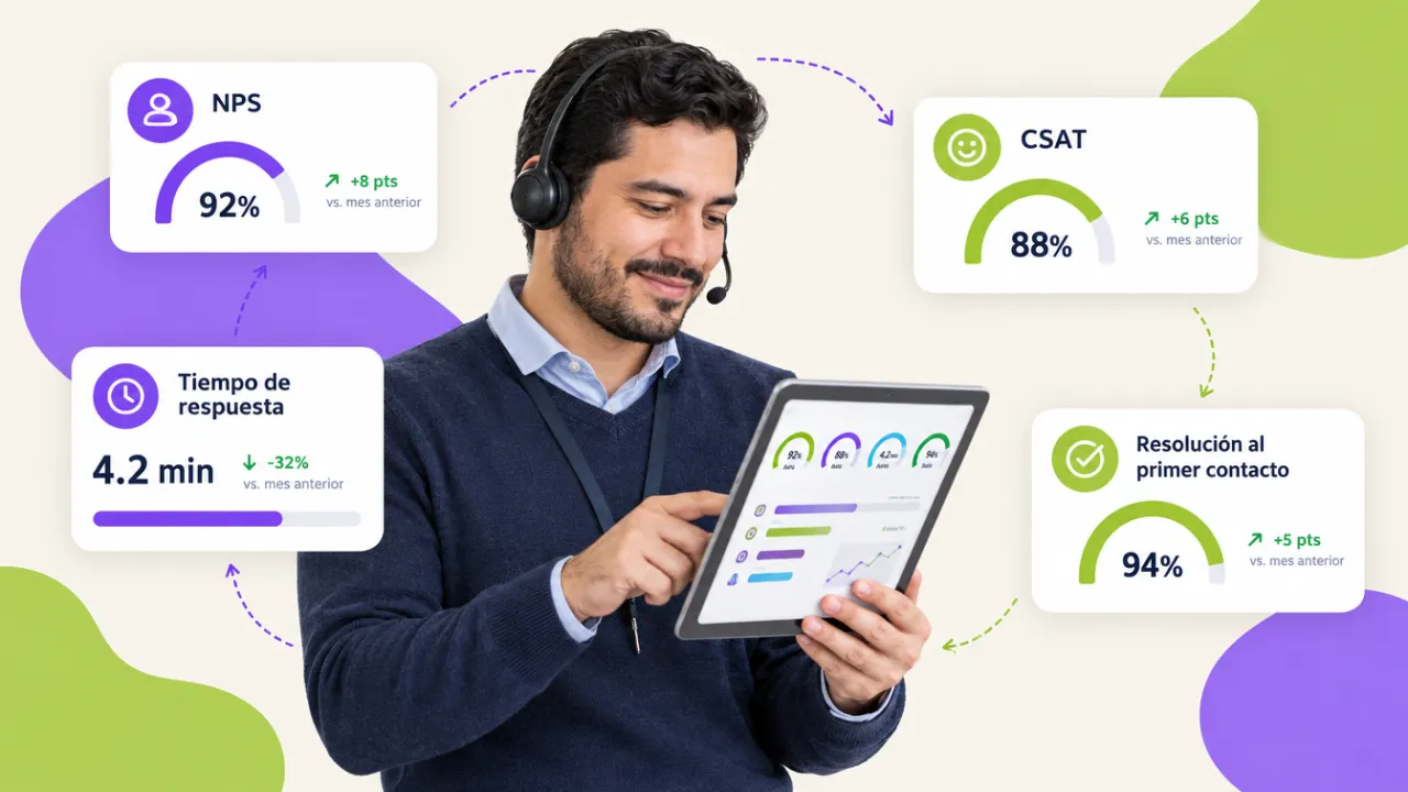 Supervisor de servicio al cliente revisando en una tablet un tablero con NPS, CSAT, tiempo de respuesta y resolución al primer contacto