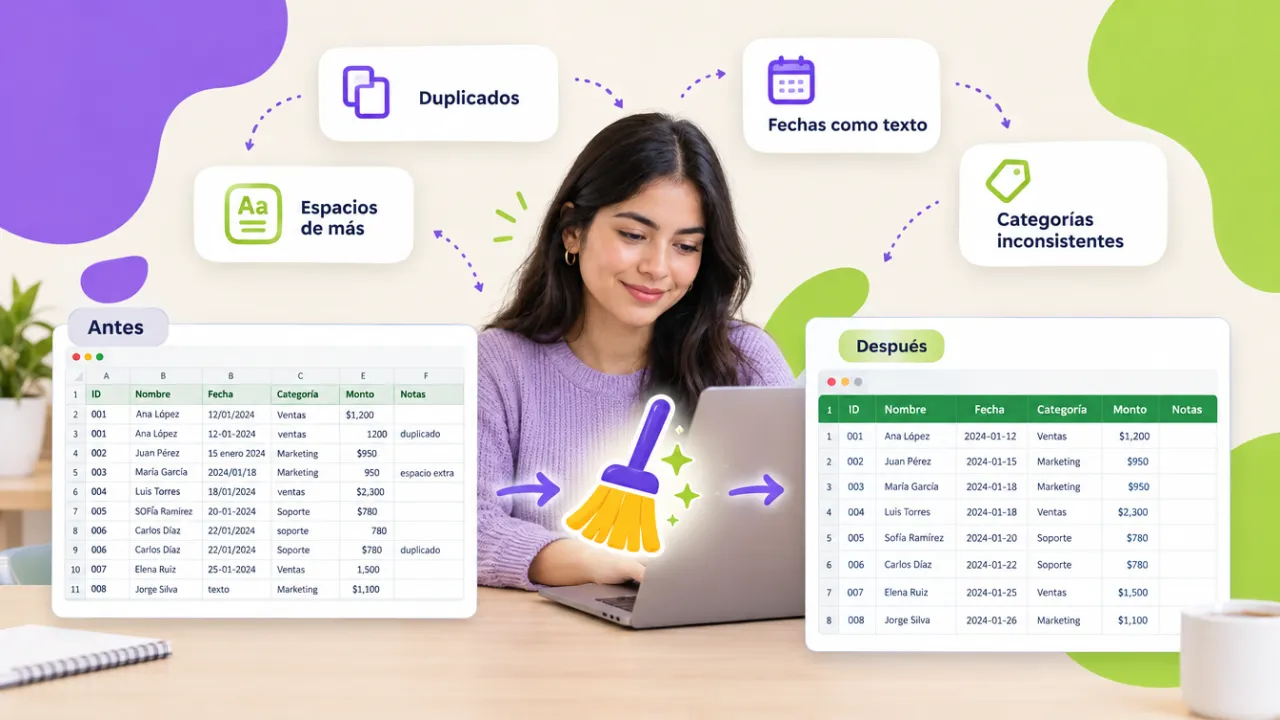 Analista de datos frente a una laptop donde una hoja de Excel desordenada se transforma en una tabla limpia