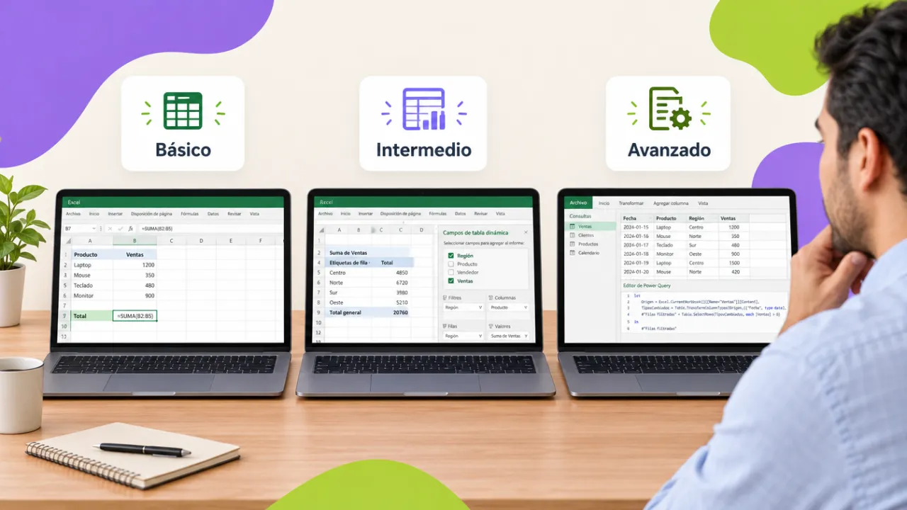 Tres hojas de Excel en pantalla mostrando una fórmula básica, una tabla dinámica y una consulta de Power Query, una por nivel