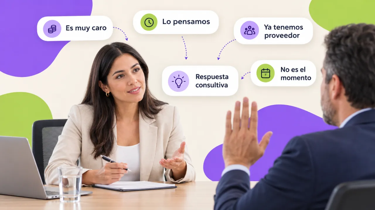 Ejecutiva de ventas B2B respondiendo con calma a un cliente que plantea una objeción en una sala de juntas