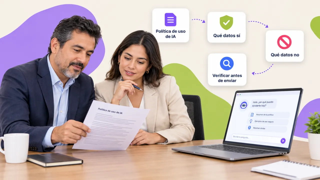 Gerente de recursos humanos y asesora jurídica revisando una política de uso de IA de una página junto a una laptop con un asistente de IA