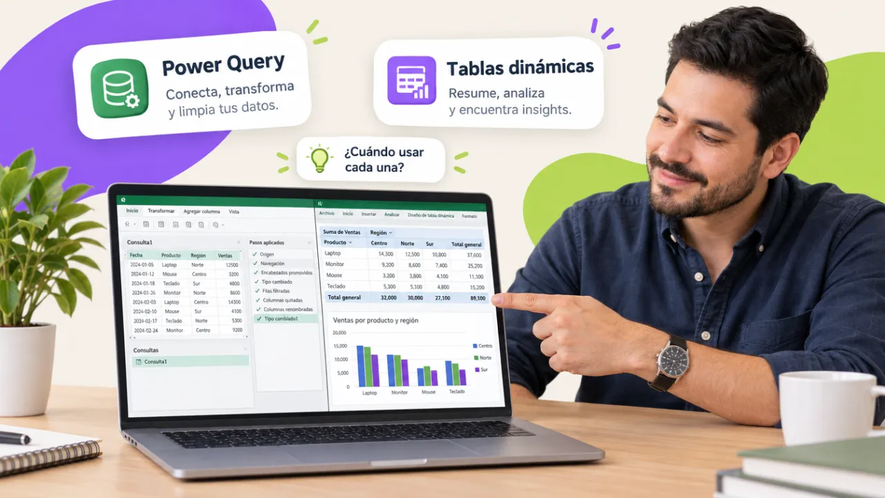 Laptop con Excel dividido: el editor de Power Query a la izquierda y una tabla dinámica con gráfico a la derecha
