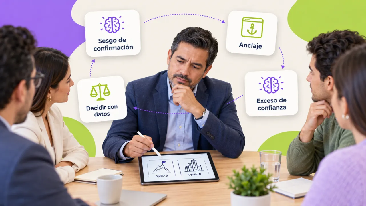 Gerente en una junta sopesando dos opciones en una tablet, con tarjetas de sesgo de confirmación, anclaje y exceso de confianza