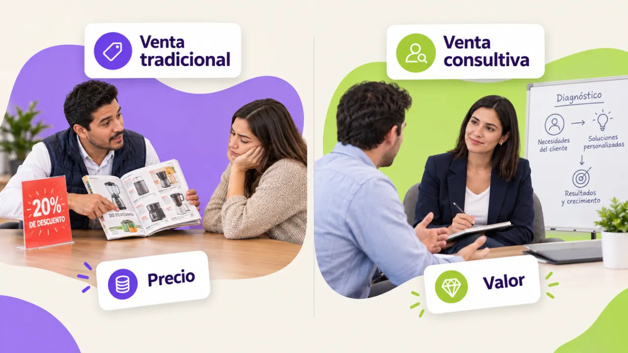 Dos escenas de venta: un vendedor presentando un catálogo con descuento y una vendedora escuchando y tomando notas mientras el cliente habla
