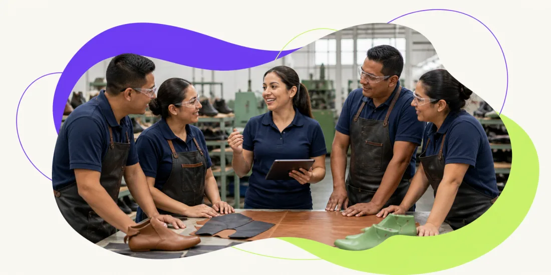 Trainer leading a training course at a footwear plant in León, Guanajuato