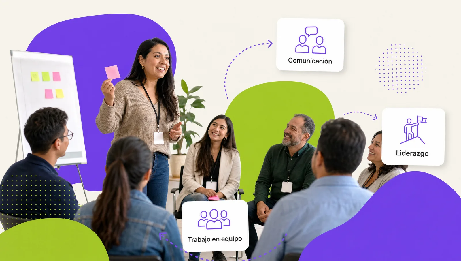 Facilitadora dirigiendo un taller de habilidades blandas con notas adhesivas y un círculo de colaboradores sonrientes