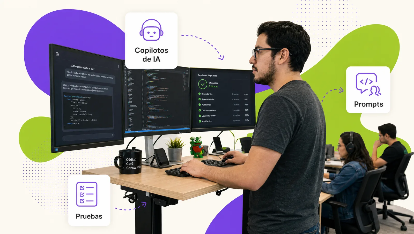 Desarrollador frente a dos monitores con un asistente de inteligencia artificial generando y probando código en el editor