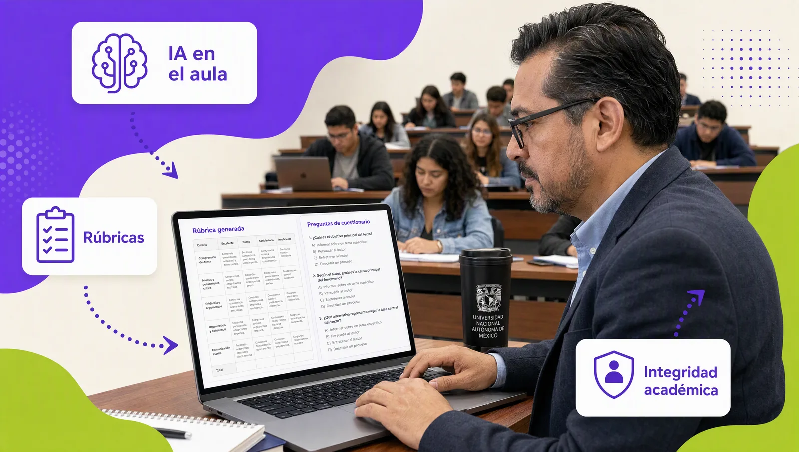 Docente frente a un grupo con una pantalla que muestra una rúbrica y retroalimentación generadas con inteligencia artificial