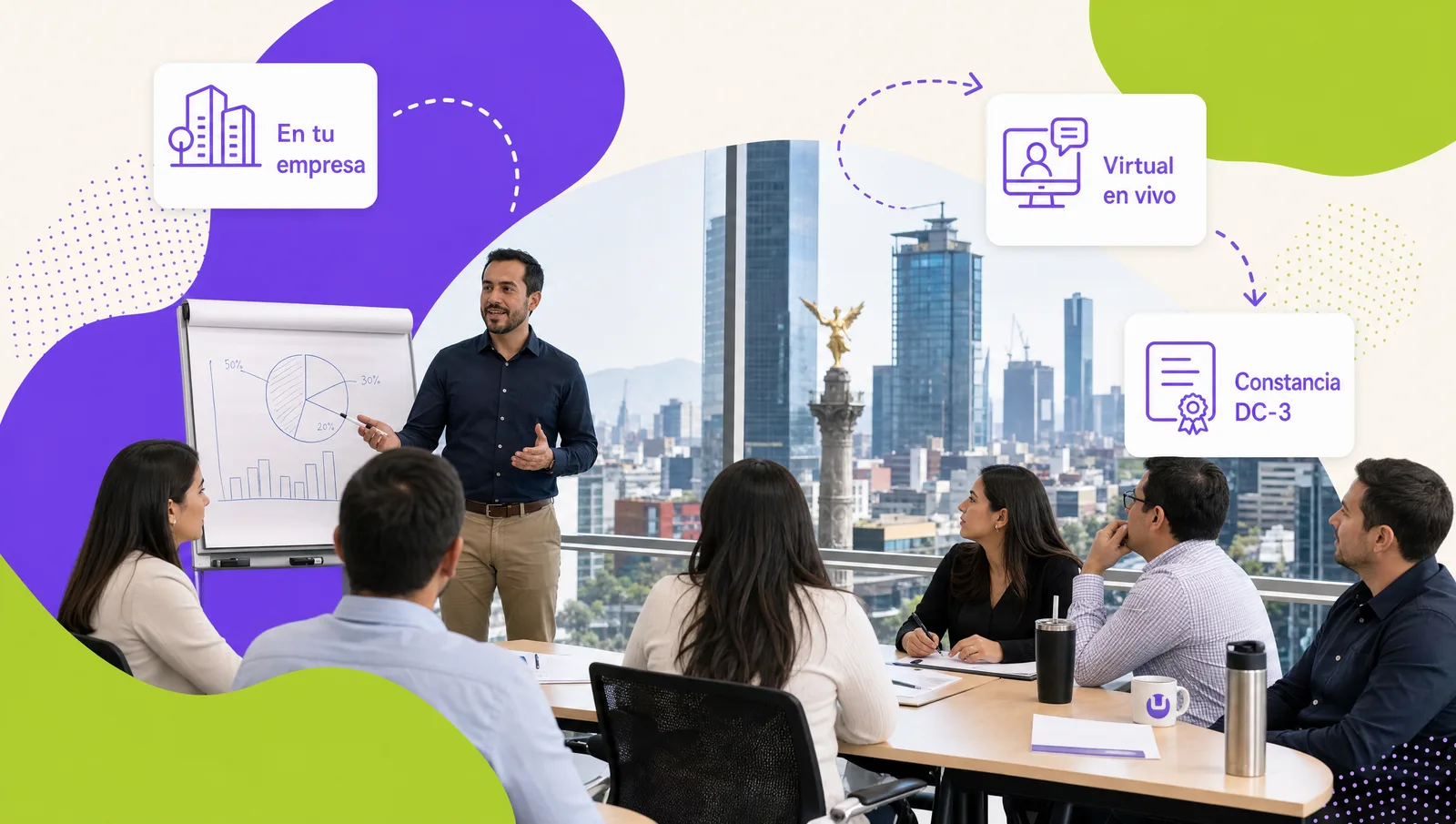 Instructor delivering an in-company course in a training room with the city in the background
