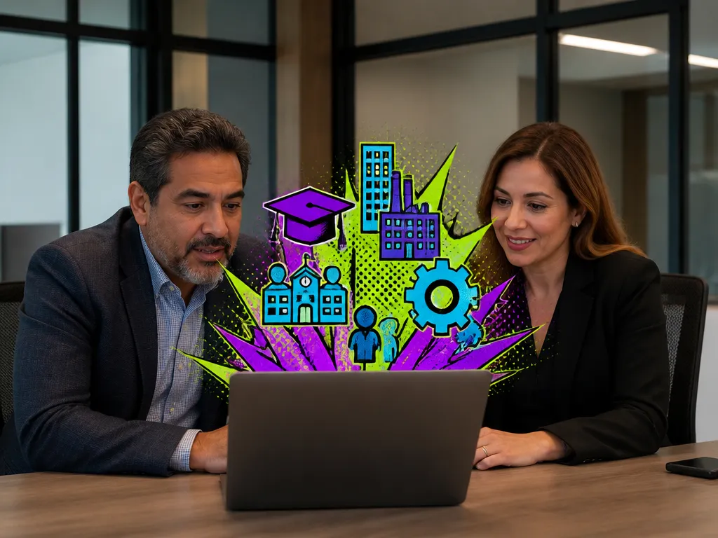 Professor and training manager reviewing the design of an online course