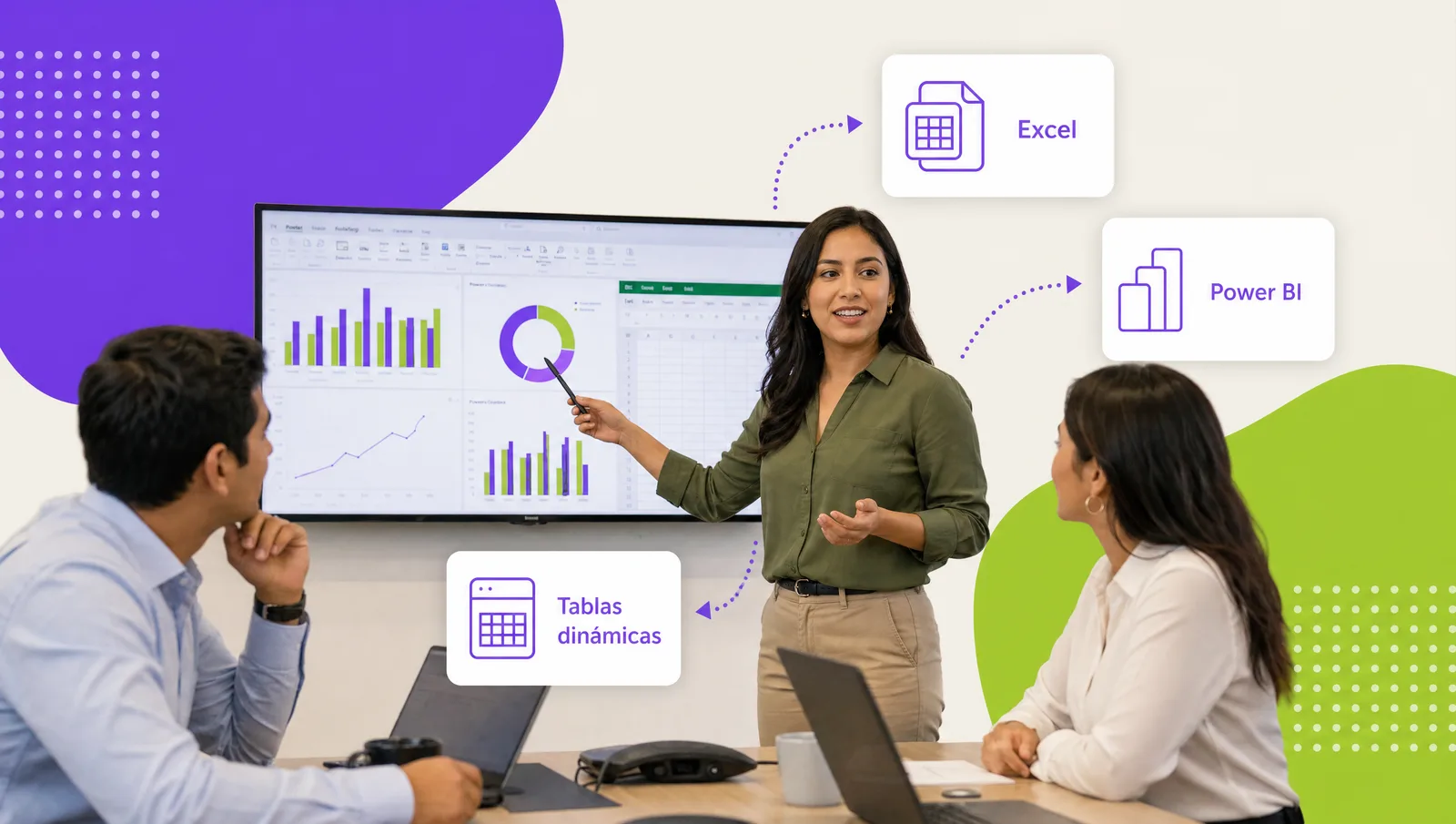 Analyst presenting results charts on a screen to two colleagues during a work meeting
