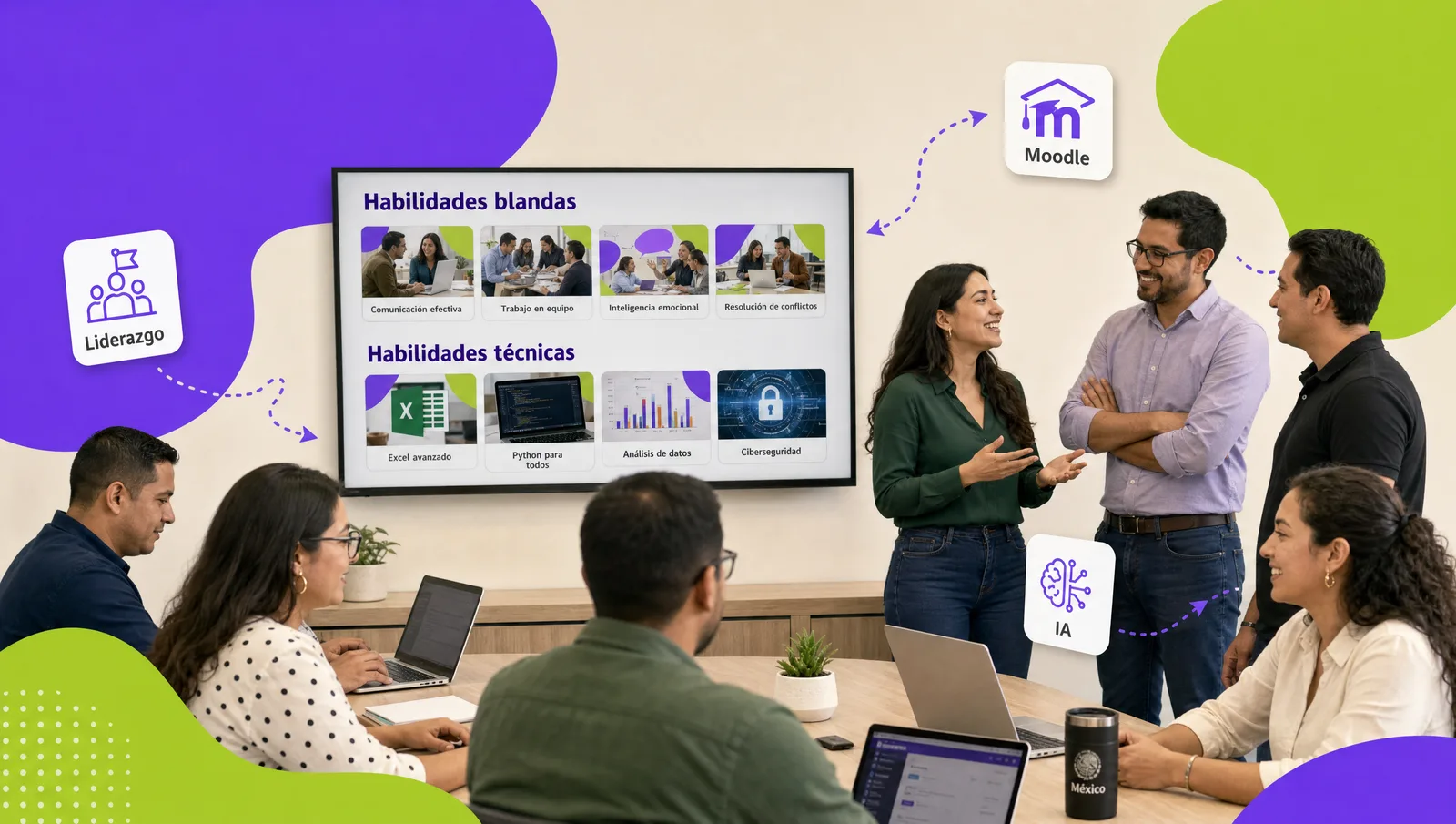 Employees in a training room with a catalog of soft-skills and technical-skills courses on screen