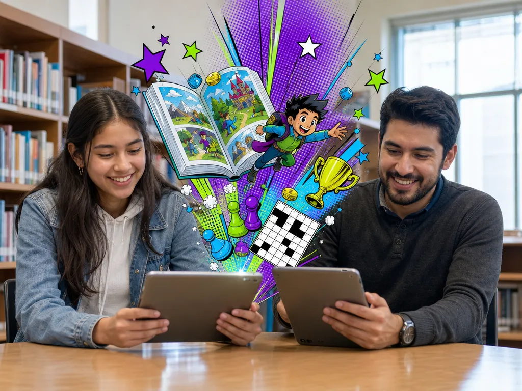 Storybook-style interactive book with crosswords and challenges