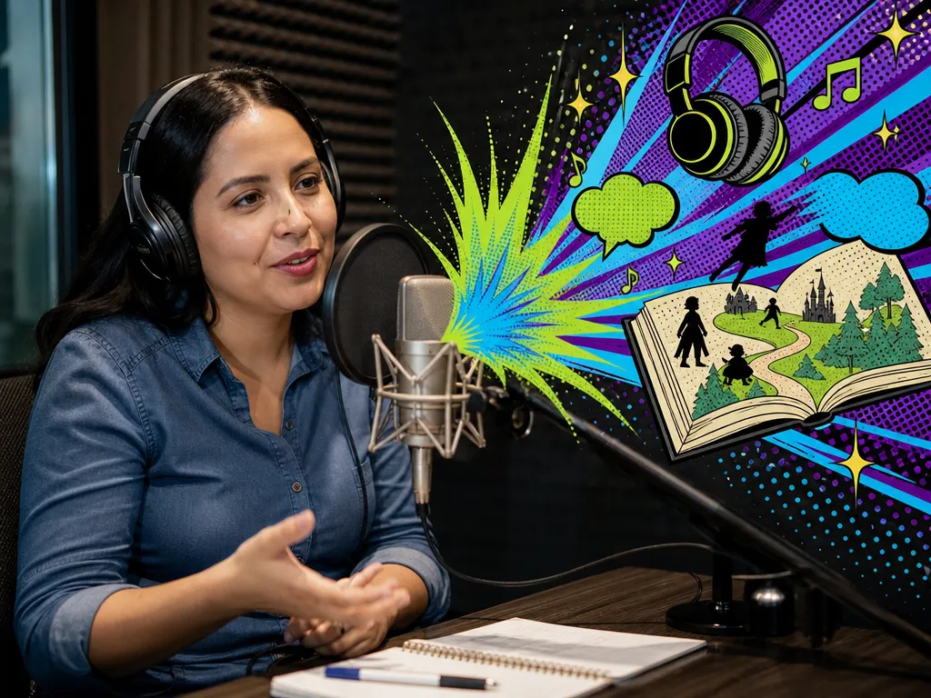 Voice talent recording a narrative podcast episode for a course