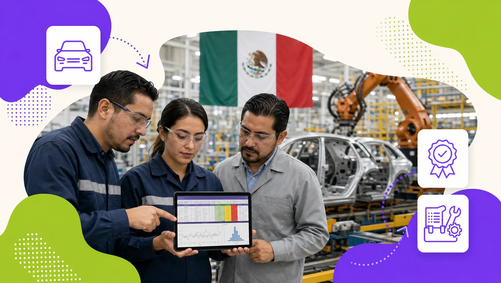 Supervisor de línea y operadores de una planta de autopartes revisando un plan de control junto a la estación de trabajo