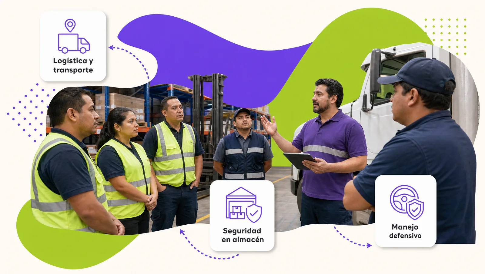 Operadores de almacén con chaleco y un supervisor frente a racks y un montacargas durante una sesión corta de capacitación