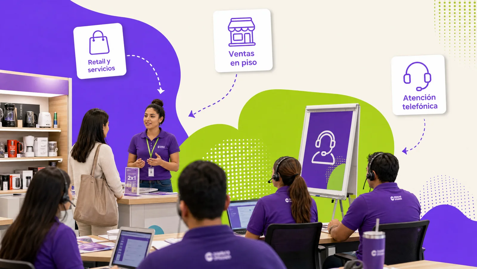 Department store salespeople and a call center agent with a headset during a short training session with a facilitator