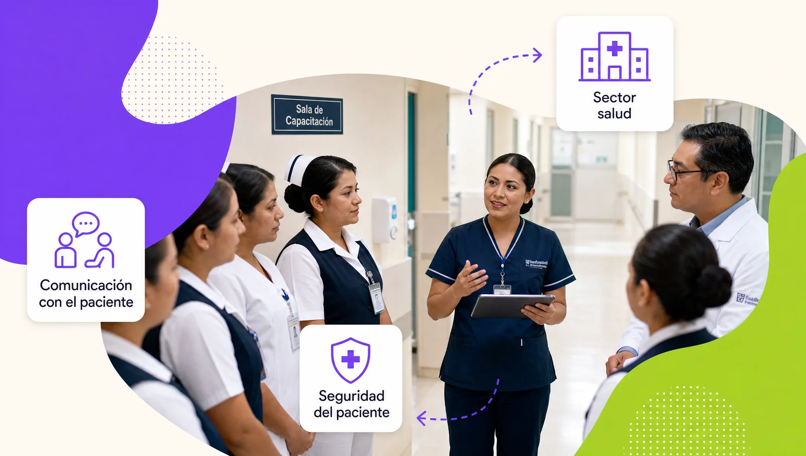 Personal de enfermería y un médico en el pasillo de un hospital durante una sesión corta de capacitación con una facilitadora