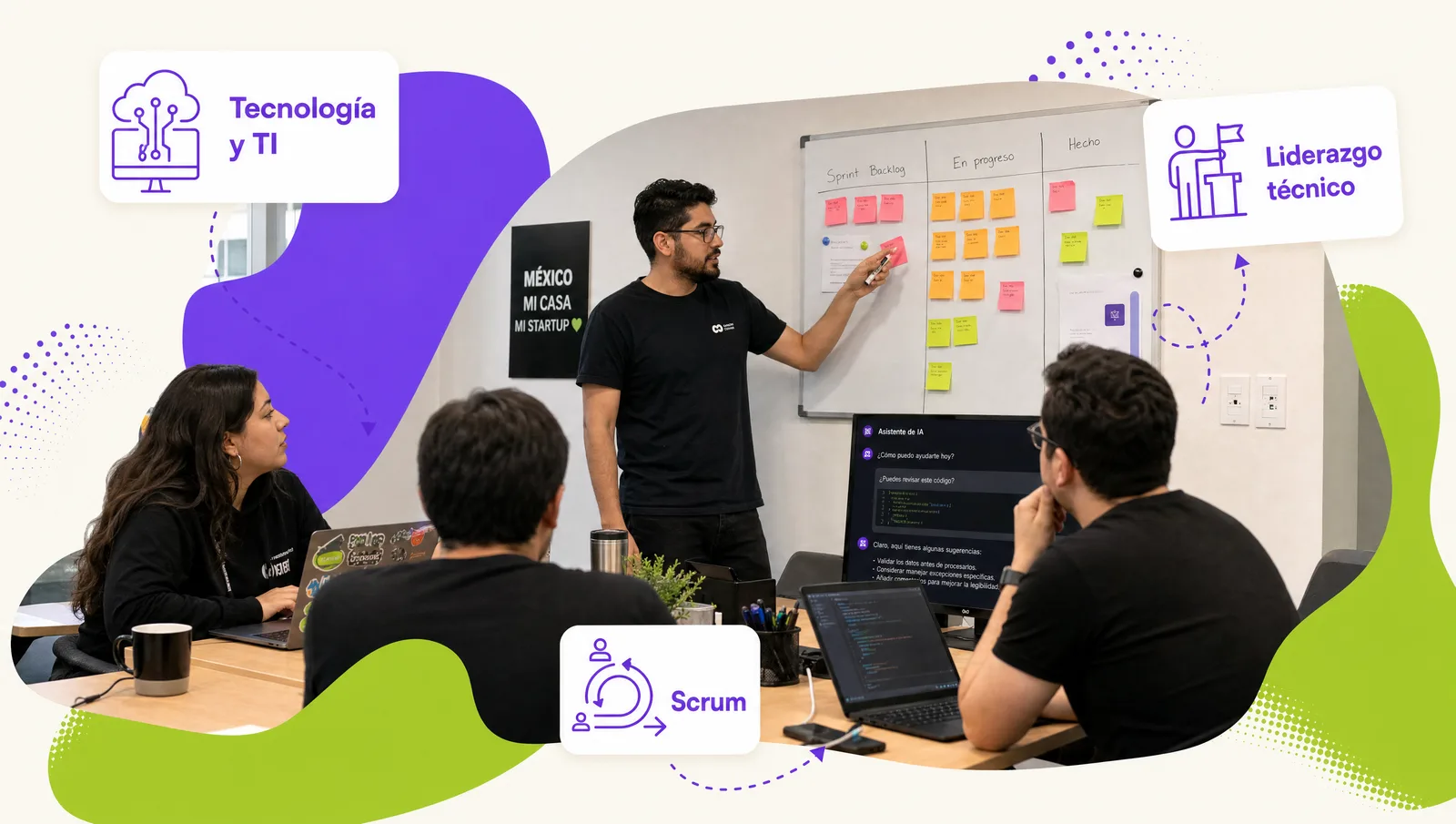 Software development team in an open office during a short training session with a facilitator at a board