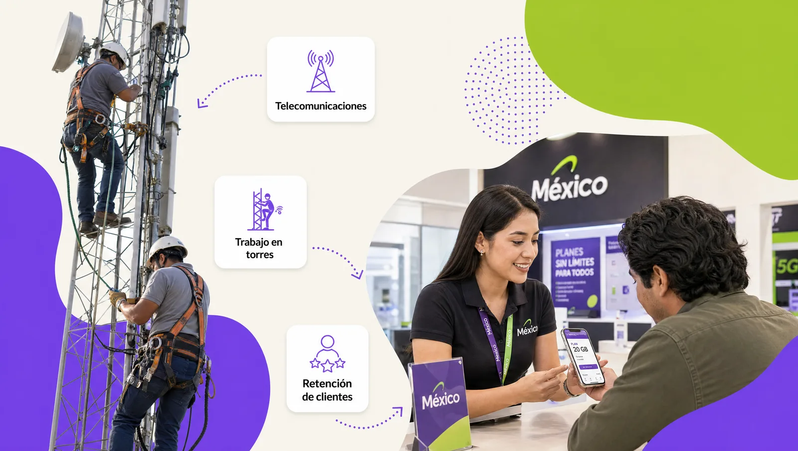 Telecom technicians in harnesses next to a tower and a store associate reviewing a plan with a customer