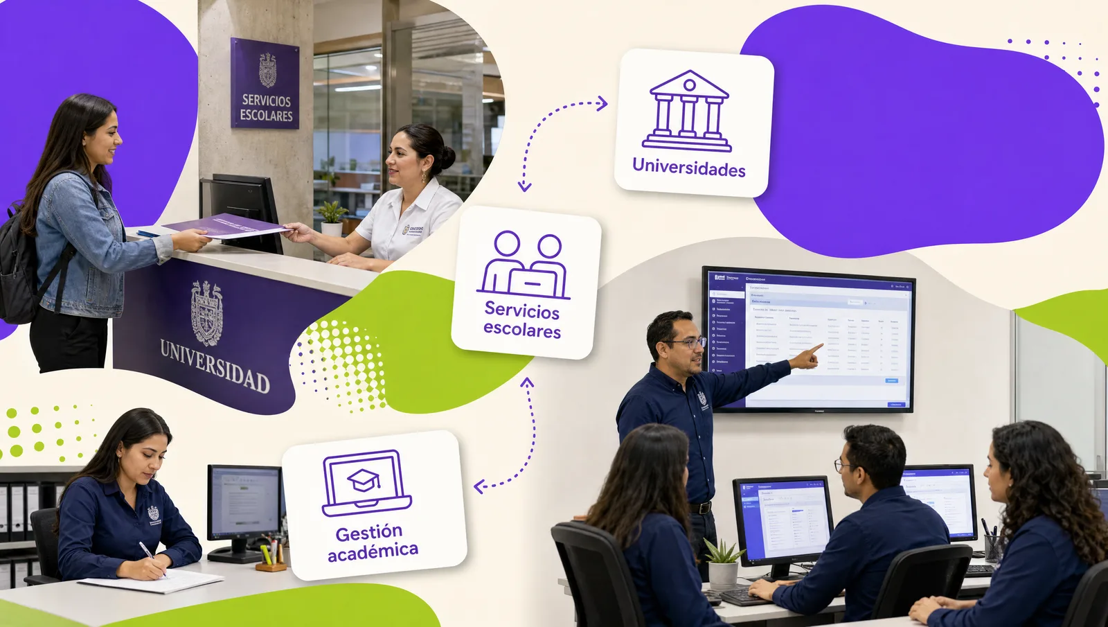 University student services staff help students at a service desk while a facilitator supports the session