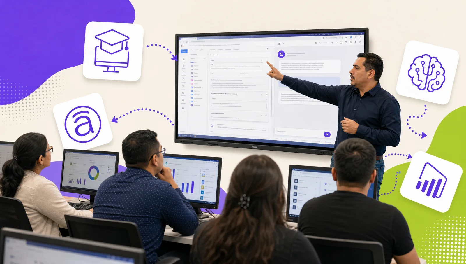 Instructor en un laboratorio de cómputo mostrando un editor de cursos Moodle y una ventana de IA a participantes