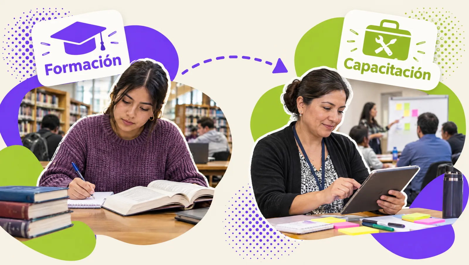 On the left, a student teacher studying in the library (education); on the right, a teacher in a hands-on workshop with a tablet (training)