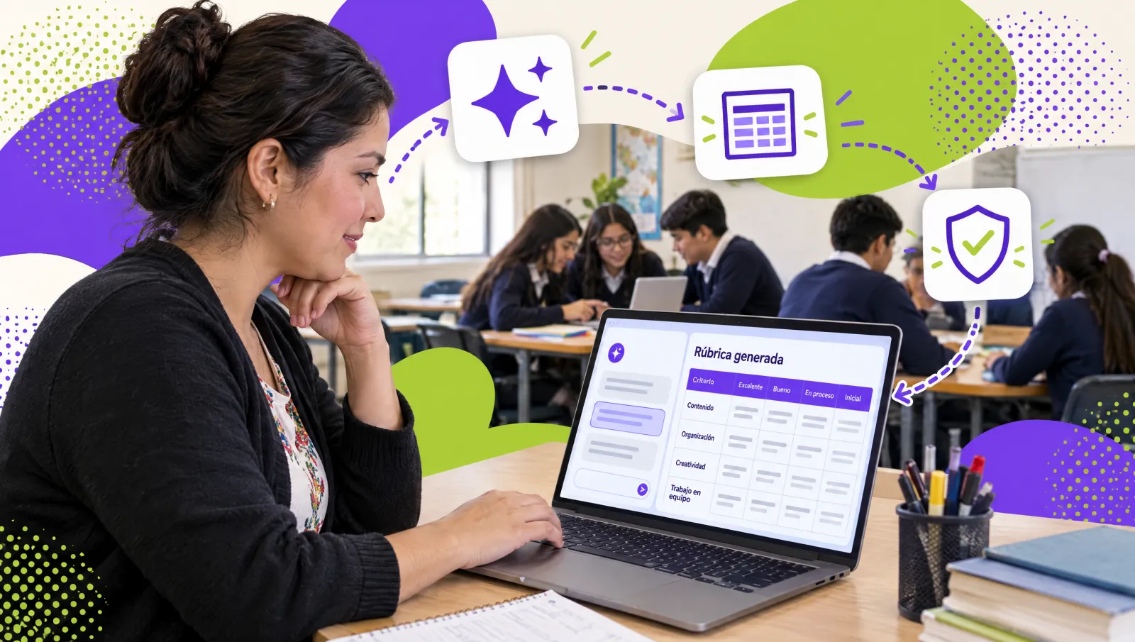 Maestra de preparatoria revisando en su laptop una rúbrica generada con IA mientras sus estudiantes trabajan en equipos