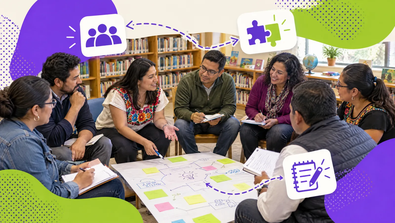 A learning community of teachers sitting in a circle in a school library sharing notes and a lesson plan