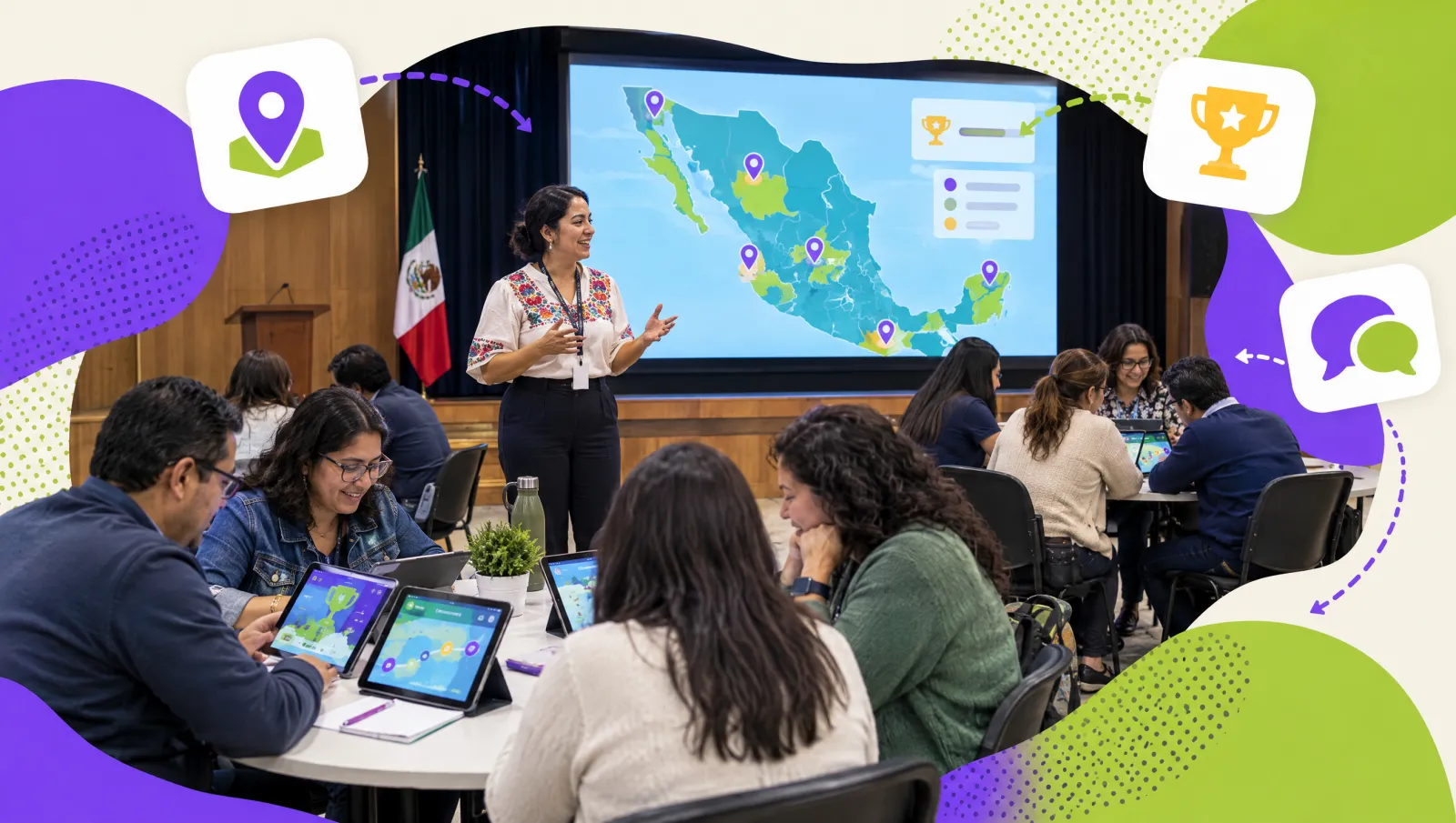 Facilitadora dirigiendo un taller presencial de capacitación docente con retos gamificados en tabletas