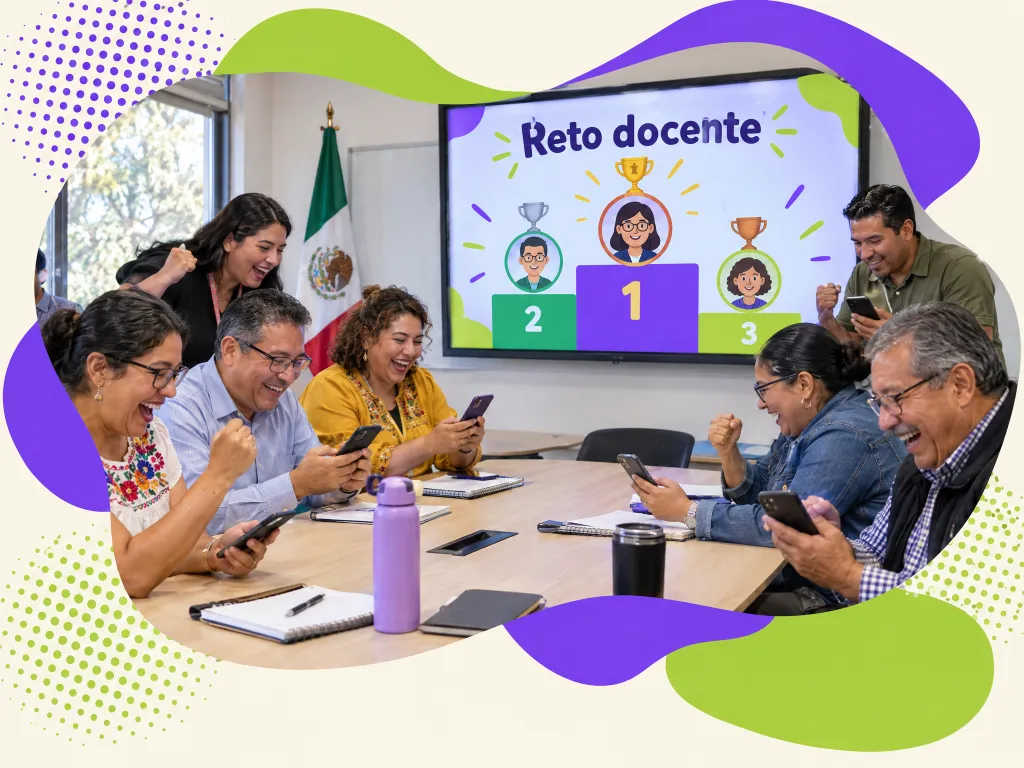 Docentes compitiendo entre risas en un reto gamificado con tabla de posiciones en pantalla