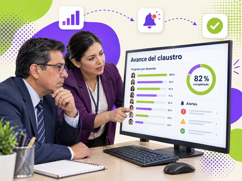Director y coordinadora revisando el tablero de avance del claustro con 82 % completado y alertas