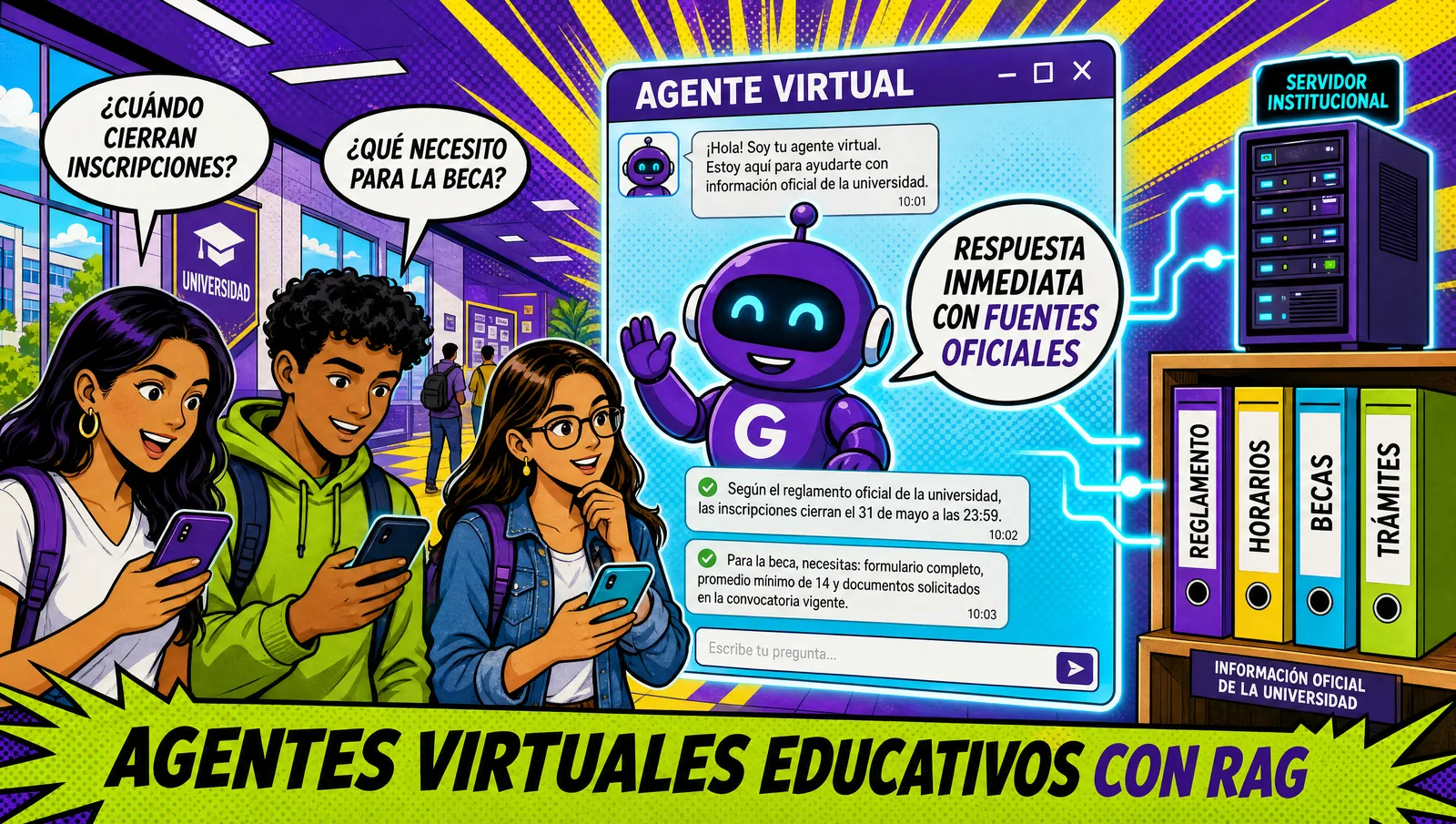Agente virtual educativo respondiendo a estudiantes sobre inscripciones y becas con fuentes oficiales de la institución
