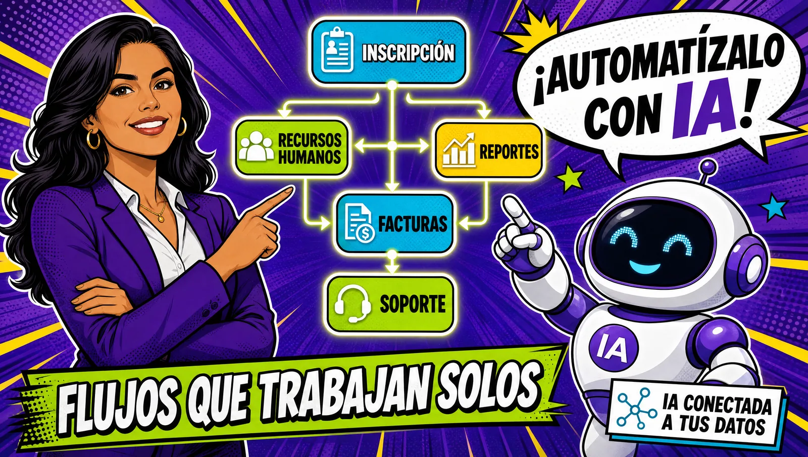 AI process automation: enrollment, HR, invoicing, reporting and support workflows connected by artificial intelligence