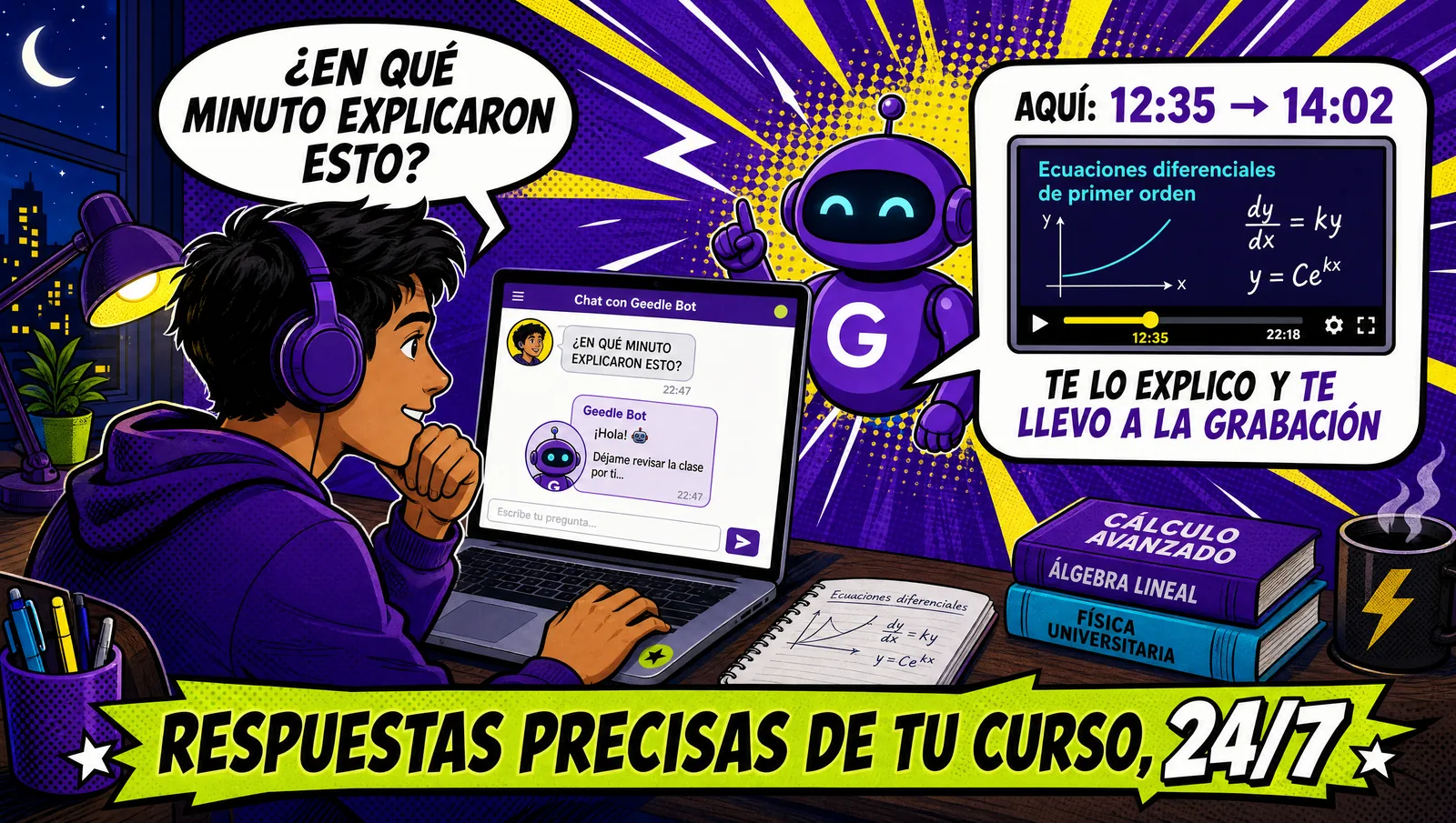 Geedle Bot respondiendo a un estudiante en qué minuto de la grabación se explicó un tema: aquí 12:35 a 14:02