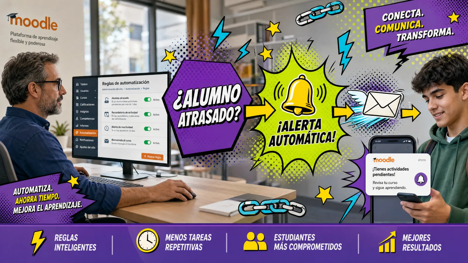 Regla de automatización en Moodle: si el alumno va atrasado, enviar alerta automática al momento