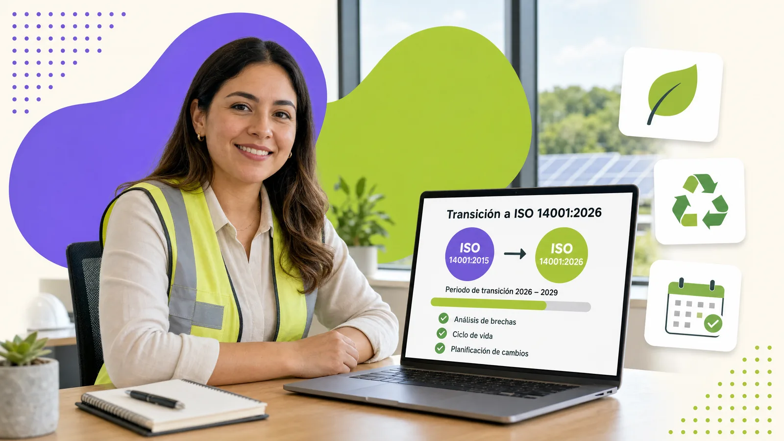 Environmental manager reviewing the transition plan from ISO 14001:2015 to ISO 14001:2026 on a laptop