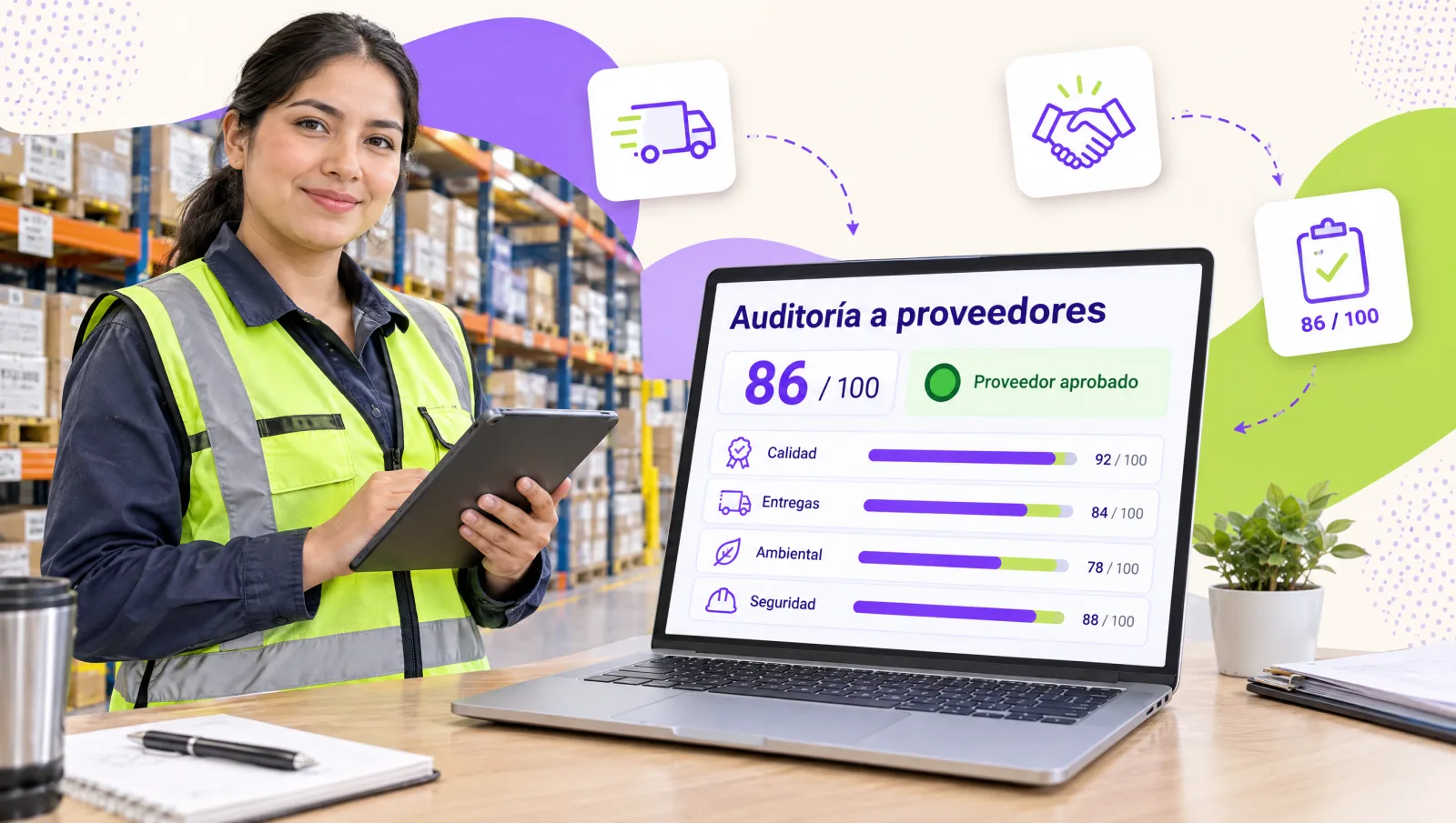 Supplier quality auditor in a warehouse reviewing a supplier audit scorecard on a laptop