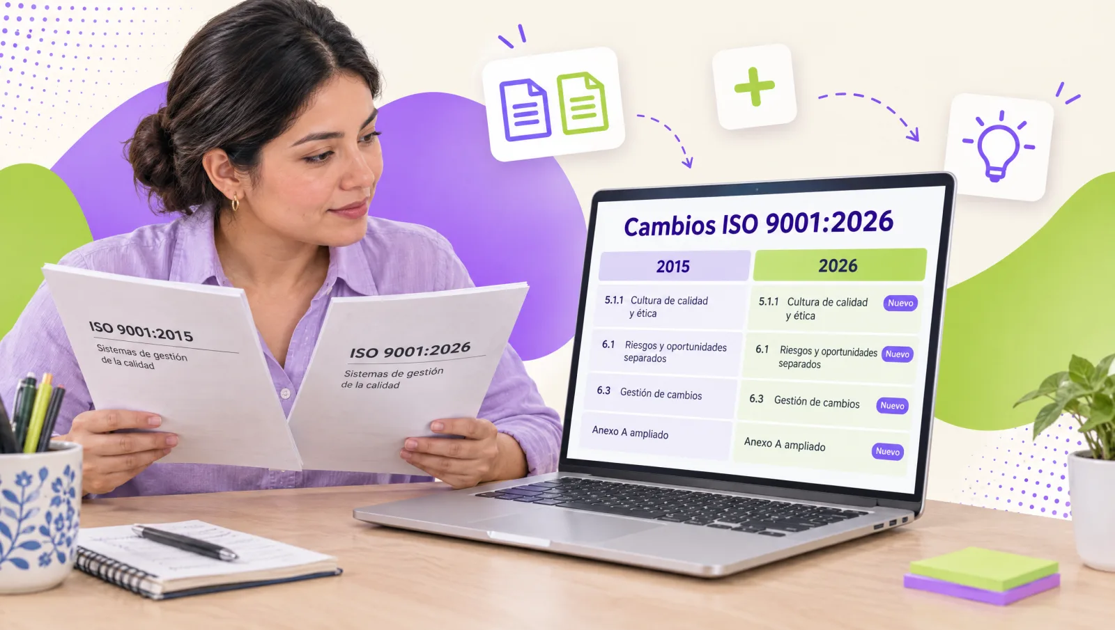 Quality engineer comparing the ISO 9001:2026 changes with the 2015 version on a laptop