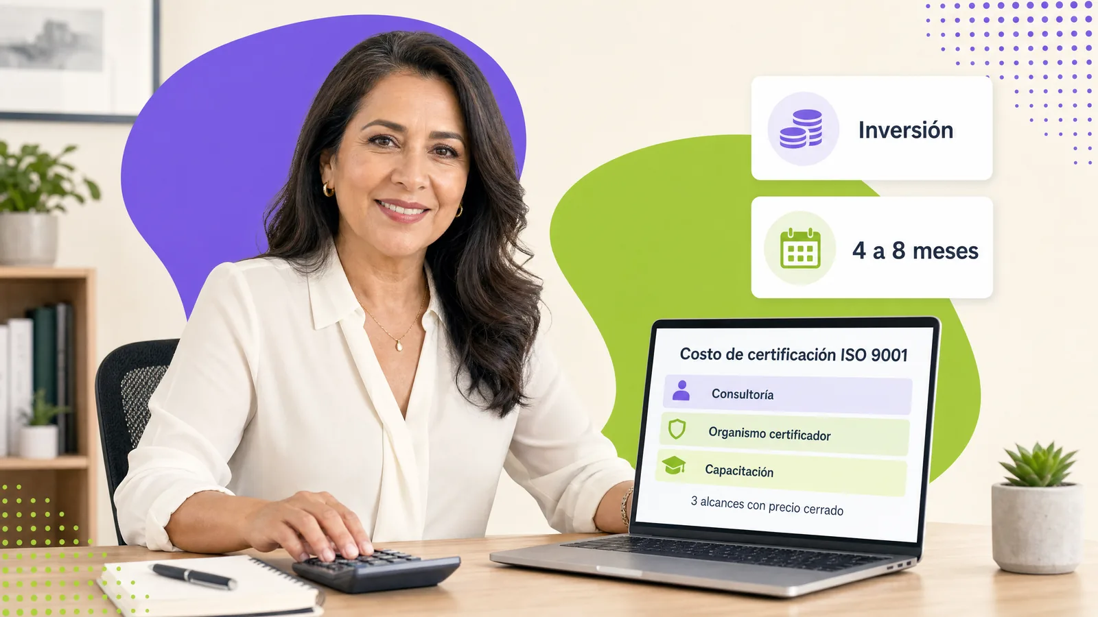 Dueña de una pyme calculando el costo de certificarse en ISO 9001 con las tres partidas en pantalla