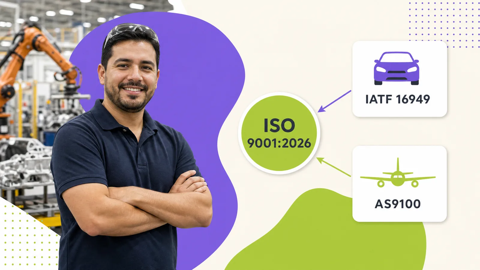 Ingeniero de calidad automotriz con los esquemas IATF 16949 y AS9100 conectados a ISO 9001:2026
