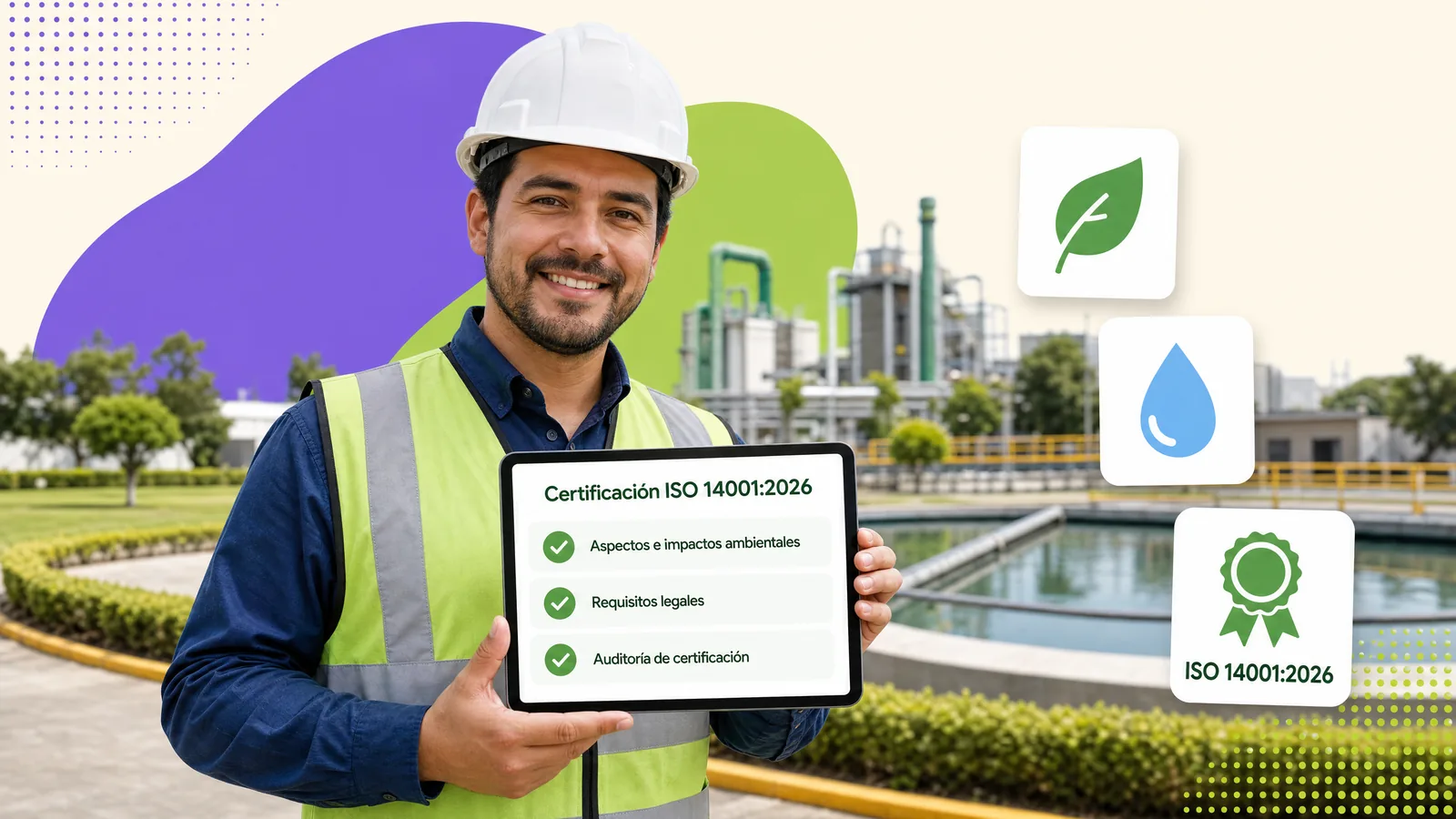 Plant manager in a hard hat showing the ISO 14001:2026 certification checklist on a tablet